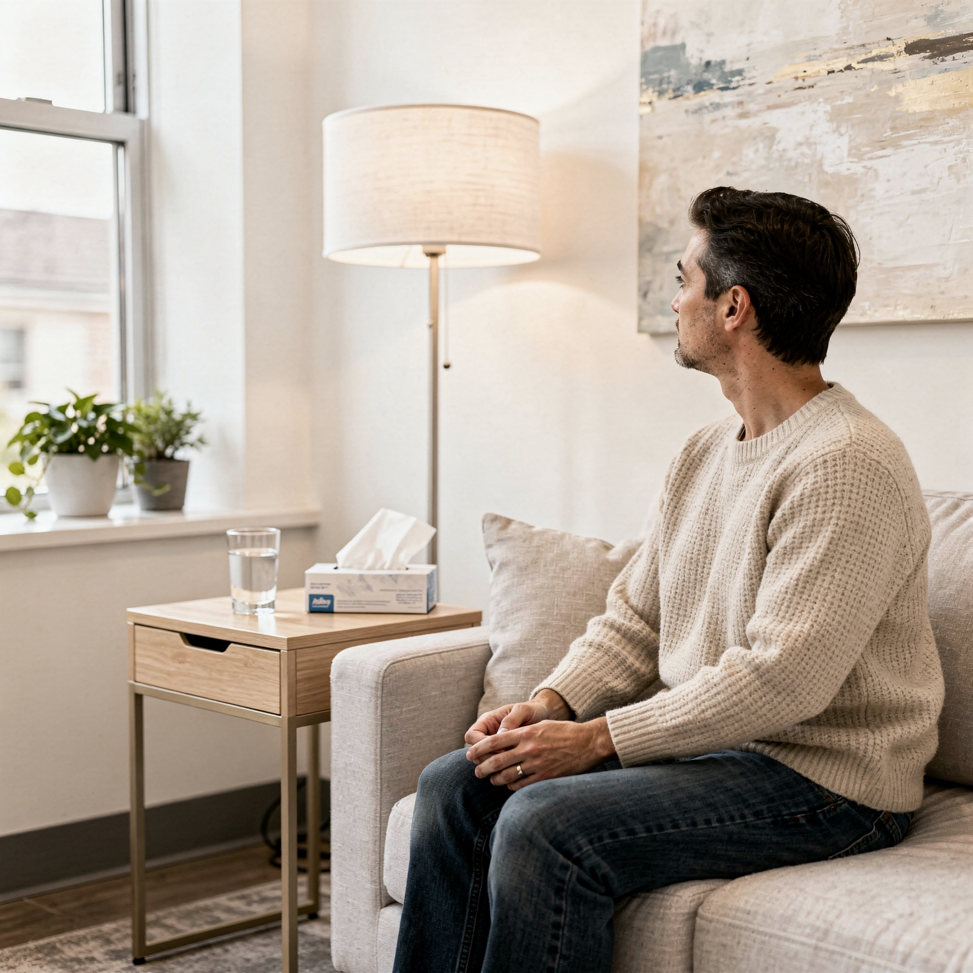 Man sitting on a couch in a calm, light-filled therapy office with plants and a side table